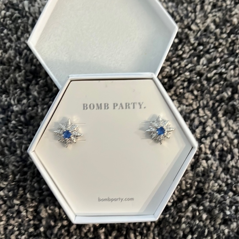 Bomb Party stud earrings lab created sapphires rhodium plating